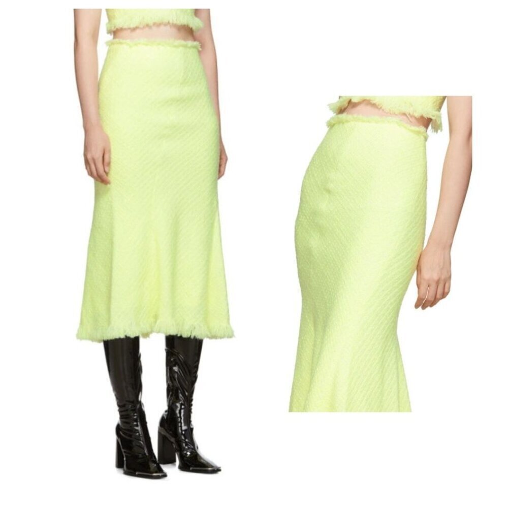 Alexander Wang Yellow Frayed Tweed Midi Skirt, Size S